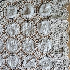 Mid century Ecru crochet and embrodered 10x5 tablecloth Or Throw
